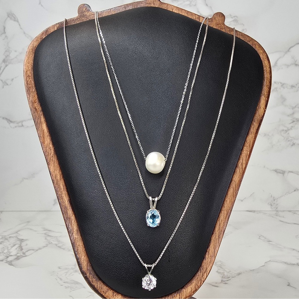 Lot of 3 Sterling Silver 925 Necklaces Pearl Blue Stone Clear Stone 18 Inch 8g